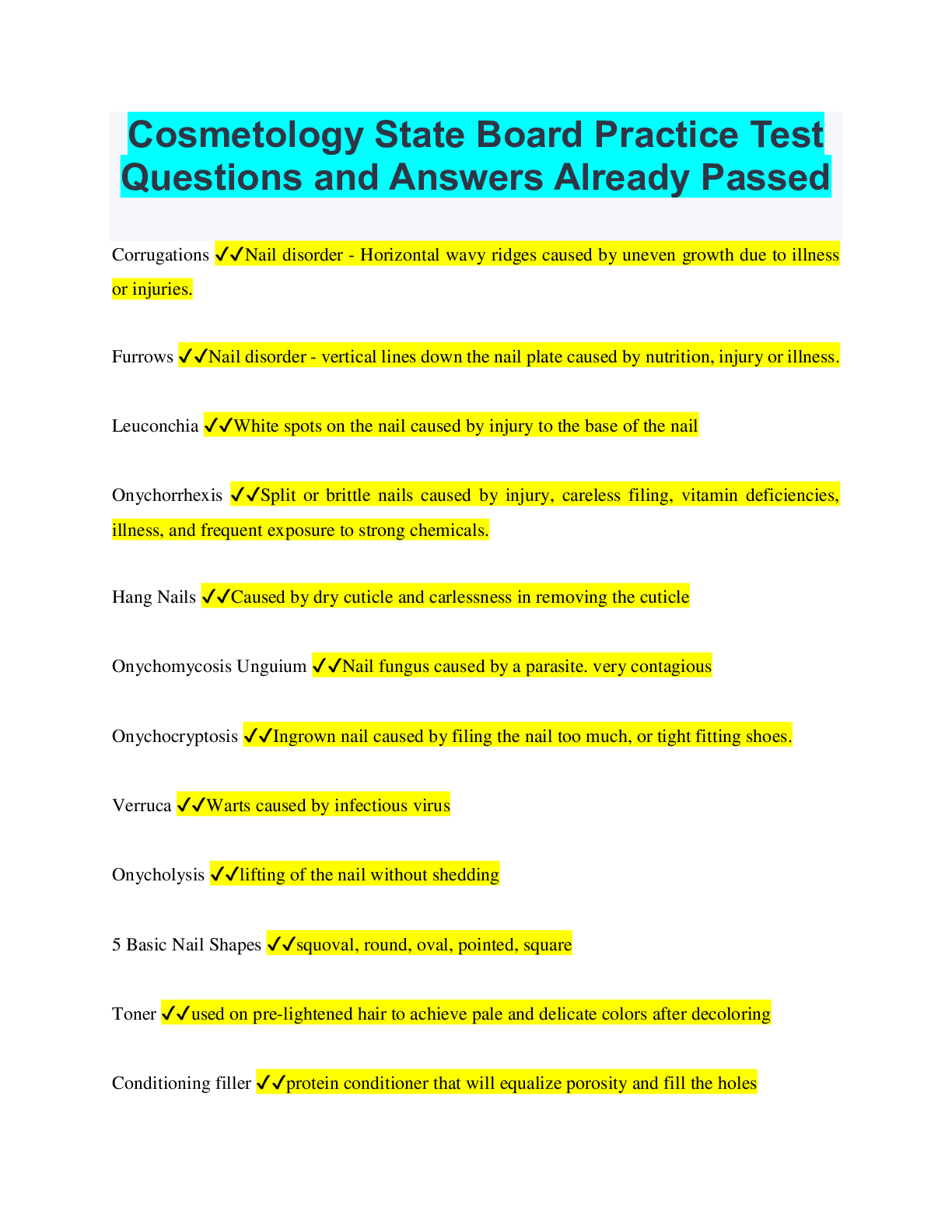 Cosmetology State Board Practice Test Questions and Answers Already